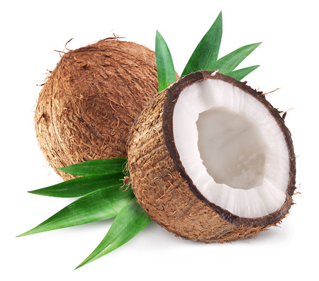 Coconuts and it\'s half with leaves. の写真素材
