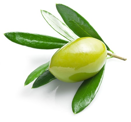 Green olive with leaves on a white background.の写真素材