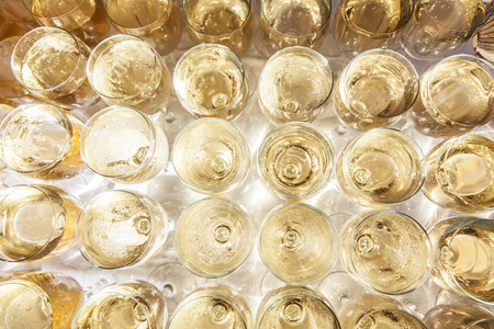 Raw of glasses filled with cold champagne.の写真素材