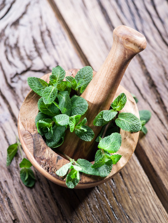 Fresh mint, wooden mortar and pestle on the old table.の写真素材
