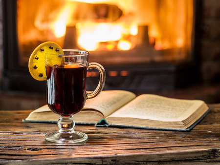 Hot mulled wine and a book on the wooden table. Fireplace with warm fire on the background.の写真素材