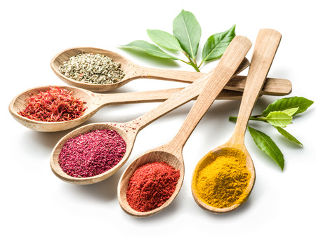 Assortment of colorful spices in the wooden spoons on the white background.の写真素材