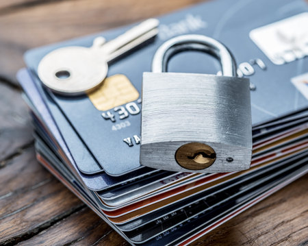 Credit cards and simle mechanical lock. Security concept.