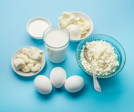 Protein products: cheese, cream, milk, eggs on the blue background. Top view.の写真素材