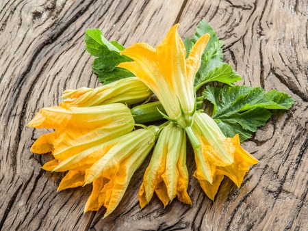 Zucchini flowers on a old wooden table.の写真素材