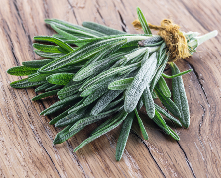 Bunch of rosemary herb on the wooden table.の写真素材