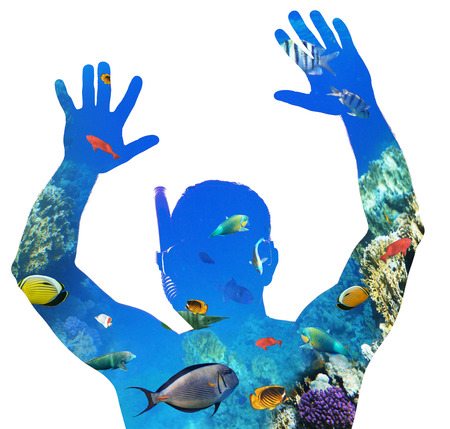 Creative double exposure of snorkeler and Red Sea underwater life.の写真素材