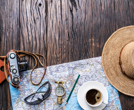 Planning new travel destinations on the world map. Top view.の写真素材