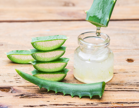 Fresh aloe leaves and aloe gel in the cosmetic jar on wooden table.の写真素材
