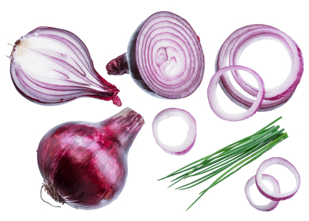 Red onion bulbs, cross sections of onion and spring onions on white background.の写真素材