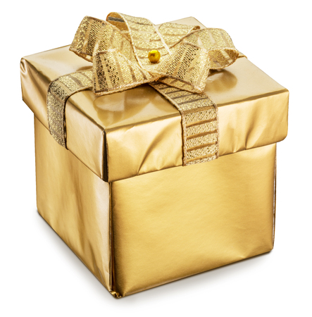 Golden gift box as a symbol of wishes and celebration.の写真素材