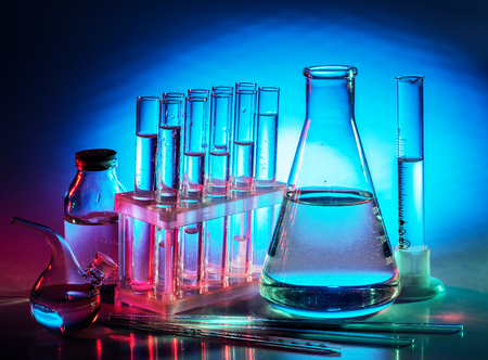 Different laboratory beakers and glassware. Multicolored.の写真素材