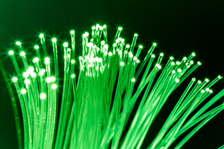 Bundle of optical fibers with green light. Black background.の写真素材