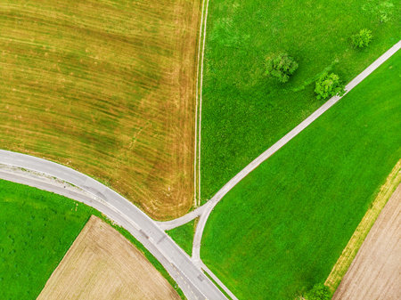 The crossing of roads and colorful fields