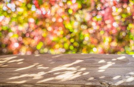 Autumn background with a wooden table and beautiful sunny bokeh.