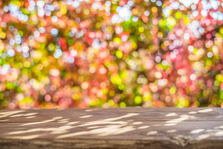 Autumn background with a wooden table and beautiful sunny bokeh.