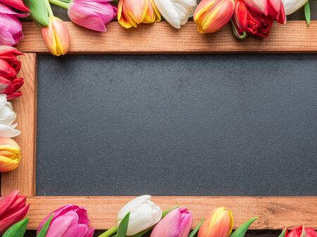 Colorful tulips arranged as frame on wooden background. Top view.の写真素材