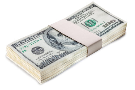 Wad of one-hundred dollars isolated on white background.
