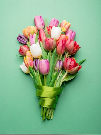 Colorful bouquet of tulips on white background. Spring background.の写真素材