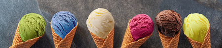 Set of various colorful ice creams in waffle cones on the gray background. Lay out view.