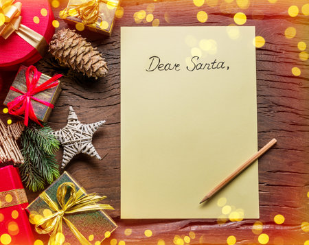 Empty Santa paper letter and Christmas decoration around it. Christmas or New Year holiday...