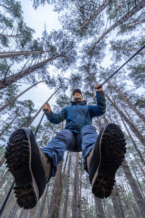 Tourist or sportsman with walking poles in the forest. Nordic walking.の写真素材