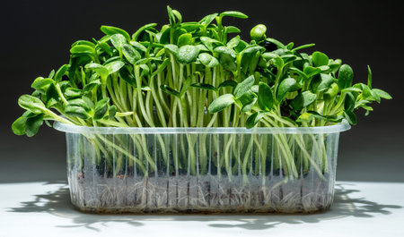 Sprouted seeds of sunflower on white table. Isolated on black background. Microgreens as a health...