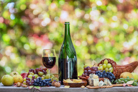 Grapes, bottle of wine and different cheeses on country wooden table and blurred colorful autumn background. Variety of products as the symbol of autumn abundance and prosperity.の写真素材