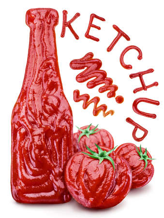 An image of a bottle of ketchup and tomatoes on a white background, obtained by extruding ketchup. Organic design.の写真素材