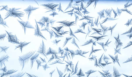Beautiful frost patterns in the ice feather shape on frozen window as a symbol of Christmas wonder. Christmas or New year background.の写真素材