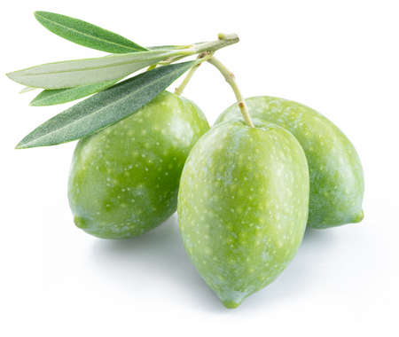 Green natural olives with leaves isolated on a white background.の写真素材