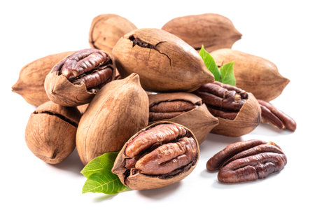 Shelled and cracked pecan nuts with leaves close-up on white background.
