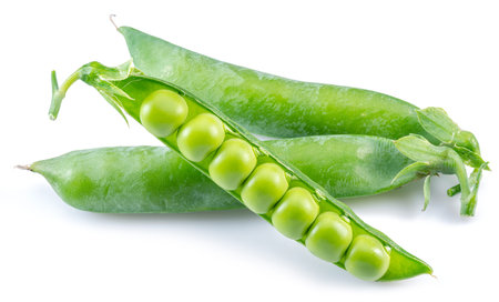 Perfect green peas in pod isolated on white background.