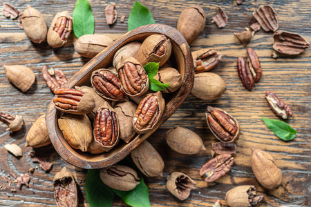 Shelled and cracked pecan nuts in the wooden bowl on wooden table. top view.