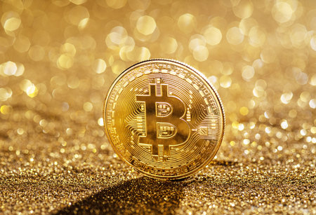 Gold bitcoin coin at the blazing gold background. Conceptual picture of digital money.の写真素材