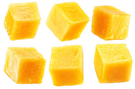Set of juicy mango cubes on white background. File contains clipping paths.の写真素材