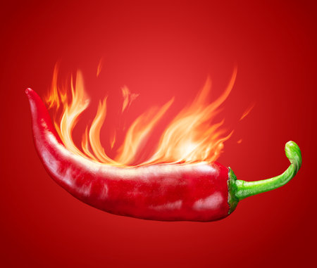 Fresh red chilli pepper in fire as a symbol of burning feeling of spicy food and spices at red background.の写真素材