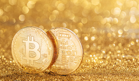 Gold bitcoin coins at the blazing gold background. Conceptual picture of digital money.