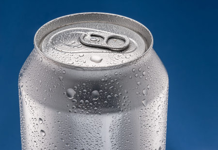 Chilled silver beer can be covered with condensation on blue background.