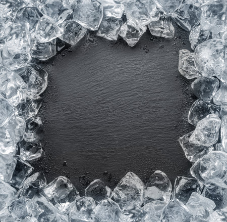 Natural stone black slate serving plate with ice cubes arranged as a frame. flat lay.の写真素材