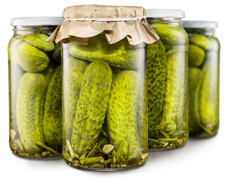 Glass bottles with pickled cucumbers. File contains clipping path.の写真素材