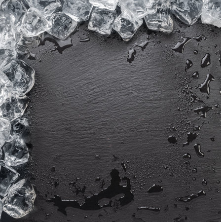 Natural stone black slate serving plate with ice cubes arranged as a frame. flat lay.の写真素材