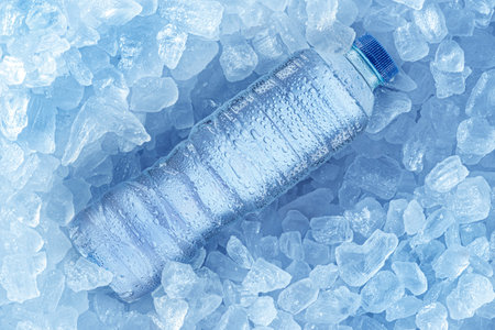Cold bottle of water over ice cubes. food and drink background.の写真素材