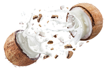 Coconut milk flying out from split coconut fruit.の写真素材