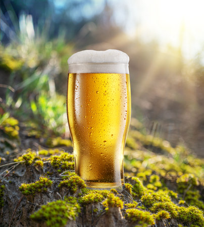 Chiiled beer glass and blurred forest background. natural beer product among nature.の写真素材