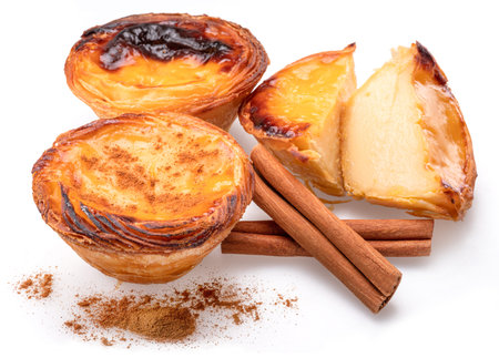 Pastel de nata tarts and cinnamon sticks isolated on white background.