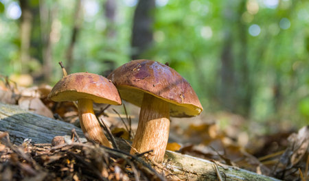 Porcini mushrooms among fallen leaves in the forest. close-up.の写真素材