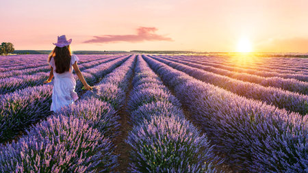 Young girl walking between lavender bushes in the field. Stunning sunset sky at the background....