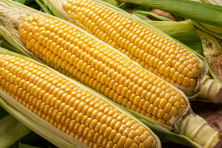 Ripe corn heads with corn whiskers and leaves. Nice vegetable cooking background for your projects.