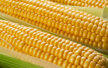 Ripe corn heads with corn whiskers and leaves. Nice vegetable cooking background for your projects.